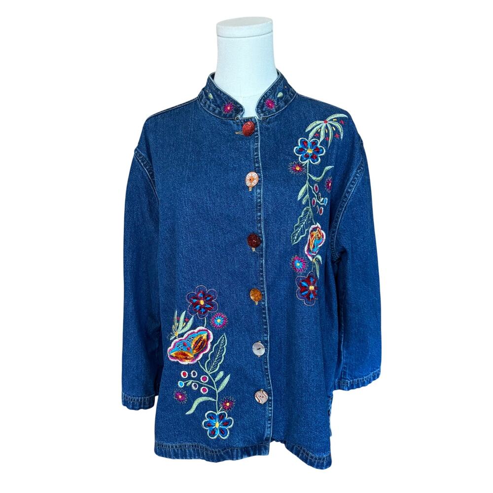 Vintage 1990s Life Style Woman Floral Embroidered Denim Jacket Womens Large
